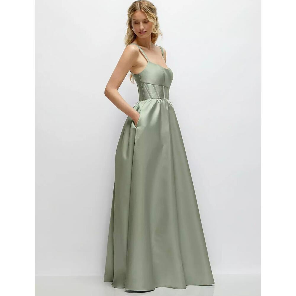 NWT Dessy Collection Scoop Neck Corset Satin Maxi Dress Pockets Sage 14R - Picture 3 of 14